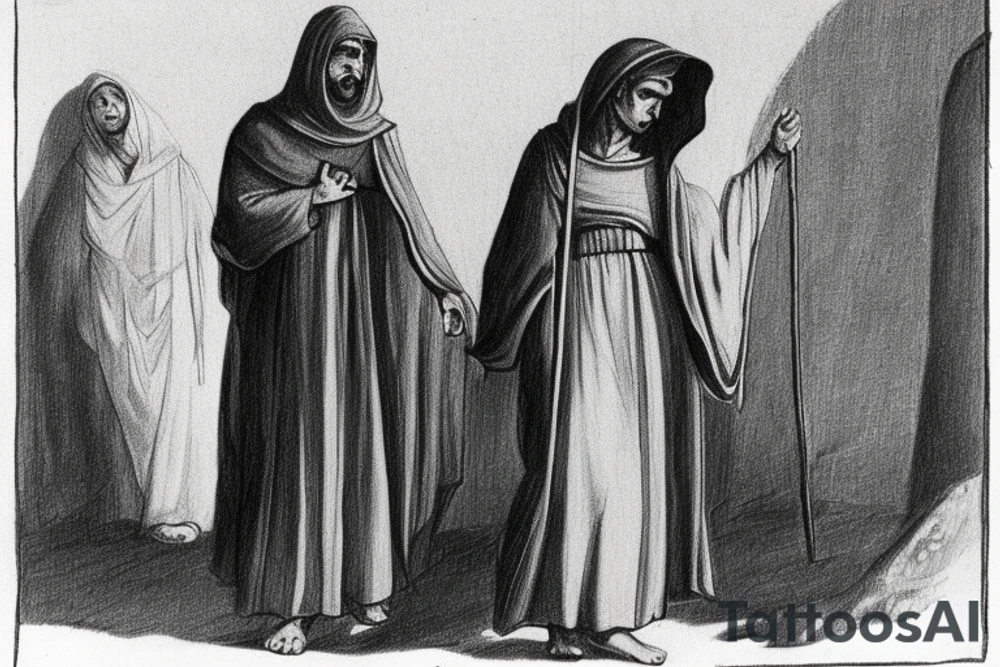 The man is dressed in simple clothes that are typical of the first century. He is wearing a long tunic, a hooded thick cloak, and sandals. His wears a tunica with a white fabric around this head. He is holding a thick staff in his left hand and is walking west. The background is blank.

The drawing is done in black lines on a blank background. The lines are simple and delicate, and they capture the man's thin, wiry frame. He seems to be lost in thought as he walks west. tattoo idea