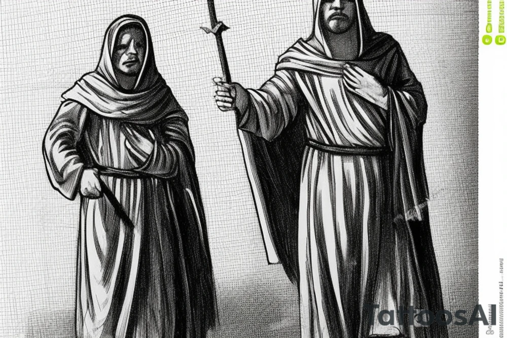 The man is dressed in simple clothes that are typical of the first century. He is wearing a long tunic, a hooded thick cloak, and sandals. His wears a tunica with a white fabric around this head. He is holding a thick staff in his left hand and is walking west. The background is blank.

The drawing is done in black lines on a blank background. The lines are simple and delicate, and they capture the man's thin, wiry frame. He seems to be lost in thought as he walks west. tattoo idea