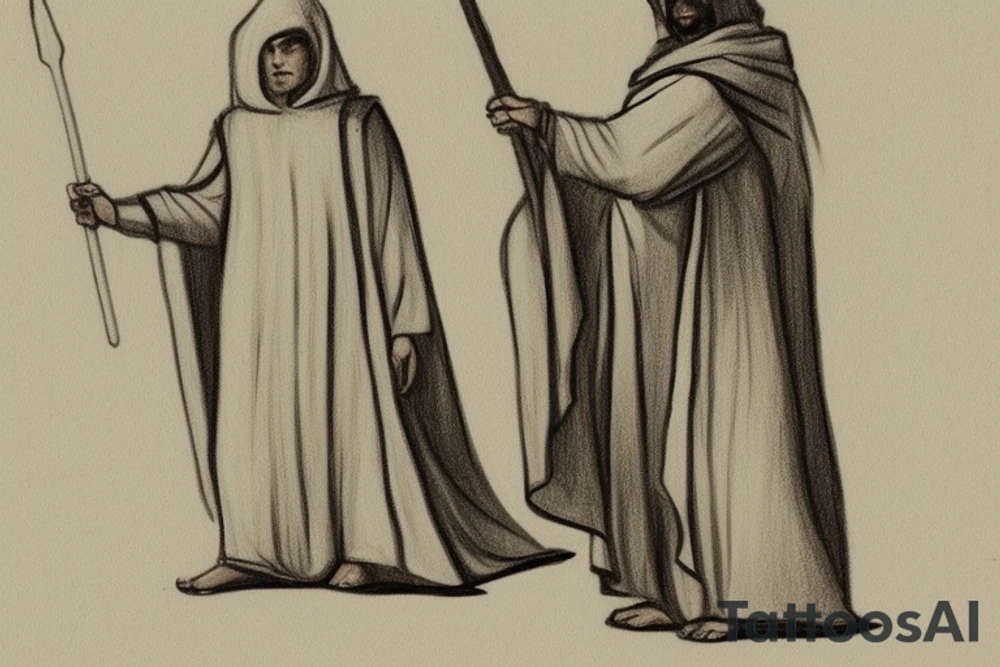 The man is dressed in simple clothes that are typical of the first century. He is wearing a long tunic, a hooded thick cloak, and sandals. His wears a tunica with a white fabric around this head. He is holding a thick staff in his left hand and is walking west. The background is blank.

The drawing is done in black lines on a blank background. The lines are simple and delicate, and they capture the man's thin, wiry frame. He seems to be lost in thought as he walks west. tattoo idea