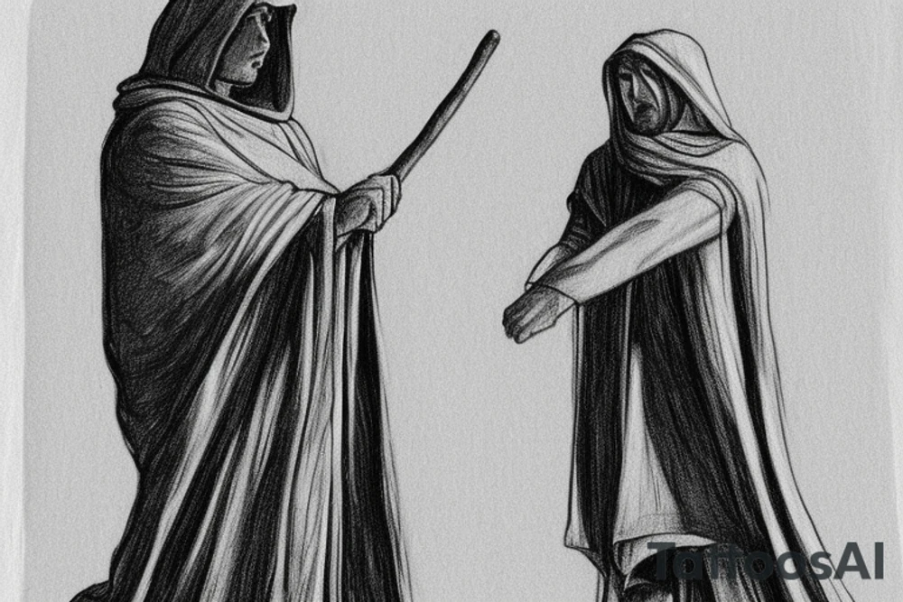 The man is dressed in simple clothes that are typical of the first century. He is wearing a long tunic, a hooded thick cloak, and sandals. His wears a tunica with a white fabric around this head. He is holding a thick staff in his left hand and is walking west. The background is blank.

The drawing is done in black lines on a blank background. The lines are simple and delicate, and they capture the man's thin, wiry frame. He seems to be lost in thought as he walks west.

The drawing has a sense of timelessness. The man's clothes and hairstyle are typical of the first century, but the drawing could have been made any time in the past 2,000 years. The blank background also contributes to the sense of timelessness. The man is walking towards the west, facing the west tattoo idea