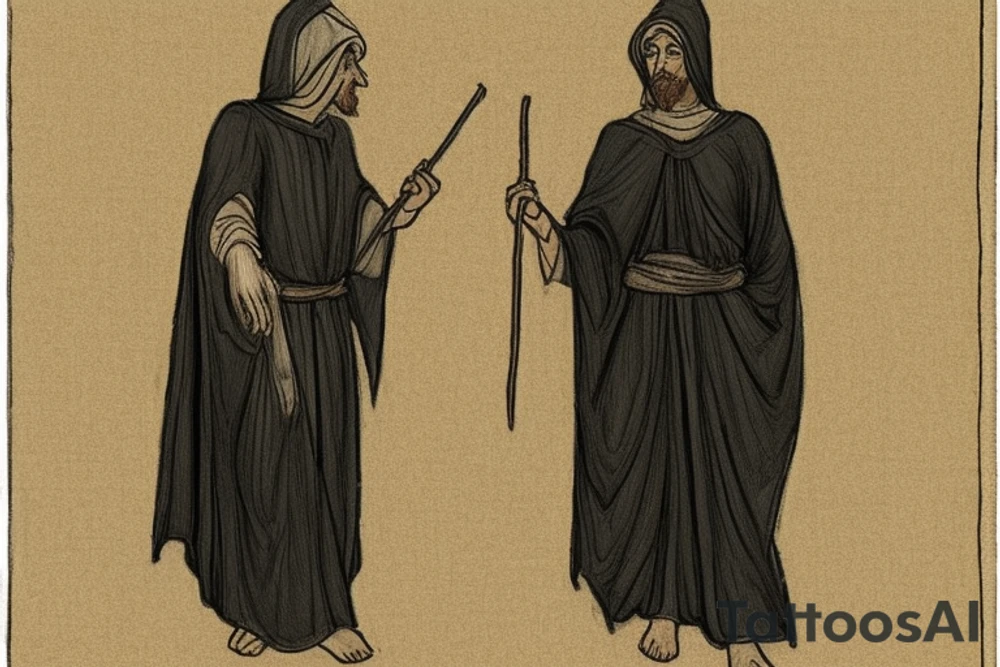 The man is dressed in simple clothes that are typical of the first century. He is wearing a long tunic, a hooded thick cloak, and sandals. His wears a tunica with a white fabric around this head. He is holding a thick staff in his left hand and is walking west. The background is blank.

The drawing is done in black lines on a blank background. The lines are simple and delicate, and they capture the man's thin, wiry frame. He seems to be lost in thought as he walks west.

The drawing has a sense of timelessness. The man's clothes and hairstyle are typical of the first century, but the drawing could have been made any time in the past 2,000 years. The blank background also contributes to the sense of timelessness. The man is walking towards the west, facing the west tattoo idea