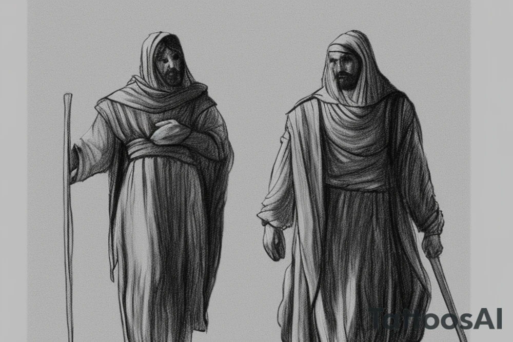 The man is dressed in simple clothes that are typical of the first century. He is wearing a long tunic, a hooded thick cloak, and sandals. His wears a tunica with a white fabric around this head. He is holding a thick staff in his left hand and is walking to the left. The background is blank.

The drawing is done in black lines on a blank background. The lines are simple and delicate, and they capture the man's thin, wiry frame. He seems to be lost in thought as he walks to the left.

The drawing has a sense of timelessness. The man's clothes and hairstyle are typical of the first century, but the drawing could have been made any time in the past 2,000 years. The blank background also contributes to the sense of timelessness. The man is walking facing the left. tattoo idea