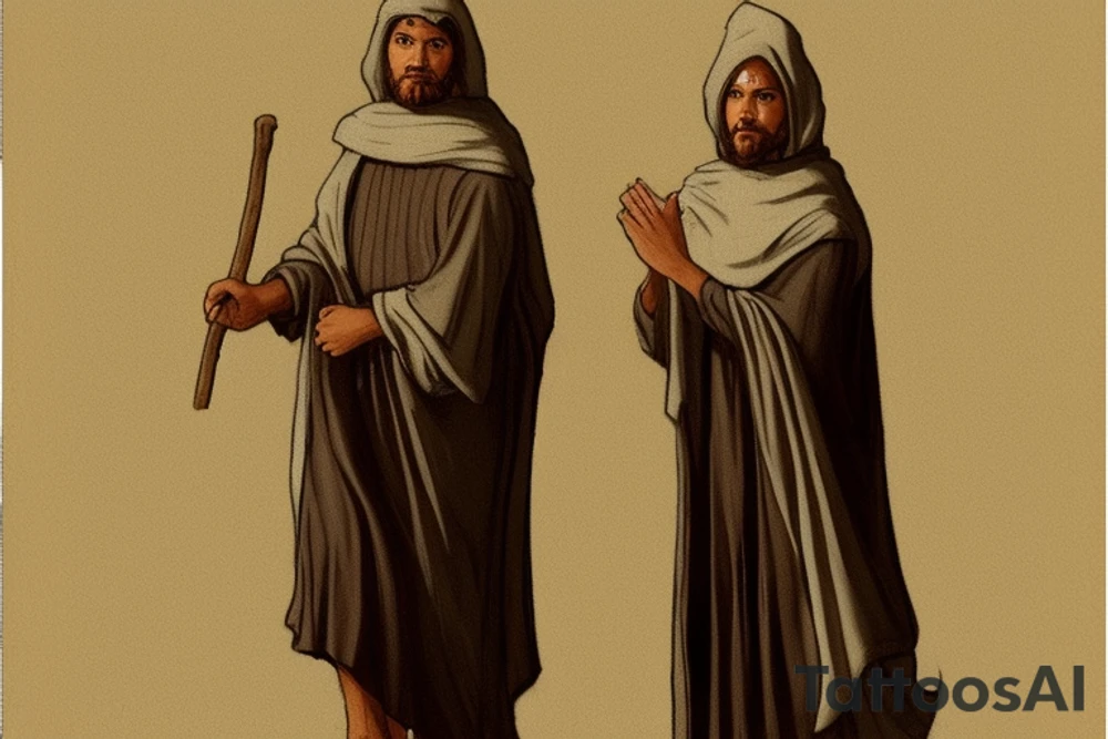 The man is dressed in simple clothes that are typical of the first century. He is wearing a long tunic, a hooded thick cloak, and sandals. His wears a tunica with a white fabric around this head. He is holding a thick staff in his left hand and is walking to the left. The background is blank.

The drawing is done in black lines on a blank background. The lines are simple and delicate, and they capture the man's thin, wiry frame. He seems to be lost in thought as he walks to the left.

The drawing has a sense of timelessness. The man's clothes and hairstyle are typical of the first century, but the drawing could have been made any time in the past 2,000 years. The blank background also contributes to the sense of timelessness. The man is walking facing the left. tattoo idea
