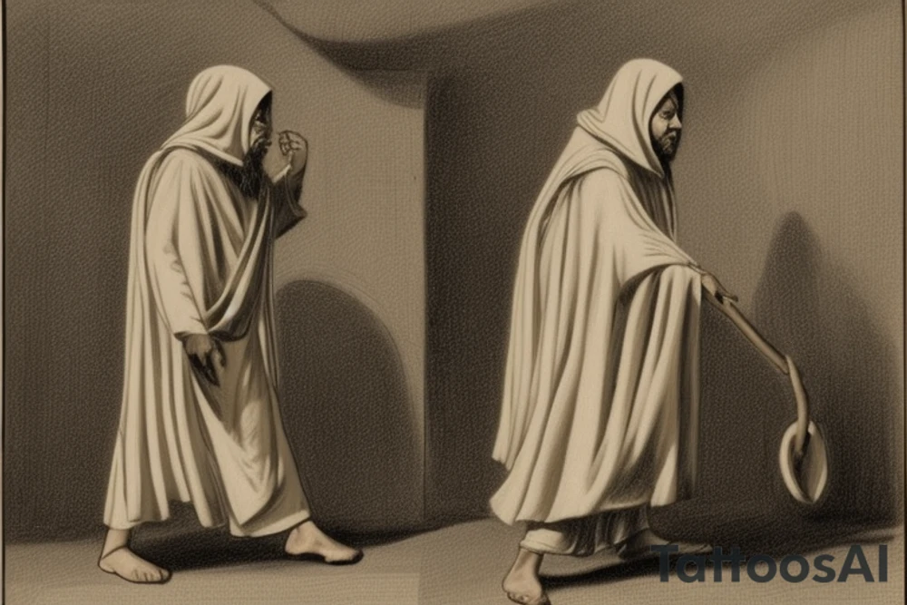The man is dressed in simple clothes that are typical of the first century. He is wearing a long tunic, a hooded thick cloak, and sandals. His wears a tunica with a white fabric around this head. He is holding a thick staff in his left hand and is walking to the left. The background is blank.

The drawing is done in black lines on a blank background. The lines are simple and delicate, and they capture the man's thin, wiry frame. He seems to be lost in thought as he walks to the left.

The drawing has a sense of timelessness. The man's clothes and hairstyle are typical of the first century, but the drawing could have been made any time in the past 2,000 years. The blank background also contributes to the sense of timelessness. The man is walking facing the left. tattoo idea