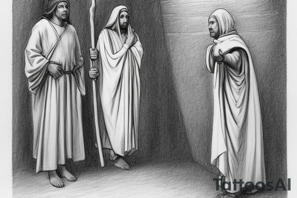 The man is dressed in simple clothes that are typical of the first century. He is wearing a long tunic, a hooded thick cloak, and sandals. His wears a tunica with a white fabric around this head. He is holding a thick staff in his left hand and is walking to the left. The background is blank.

The drawing is done in black lines on a blank background. The lines are simple and delicate, and they capture the man's thin, wiry frame. He seems to be lost in thought as he walks to the left.

The drawing has a sense of timelessness. The man's clothes and hairstyle are typical of the first century, but the drawing could have been made any time in the past 2,000 years. The blank background also contributes to the sense of timelessness. The man is walking facing the left. tattoo idea