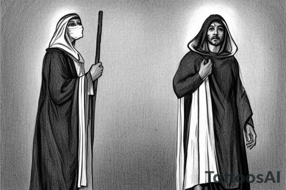 The man is dressed in simple clothes that are typical of the first century. He is wearing a long tunic, a hooded thick cloak, and sandals. His wears a tunica with a white fabric around this head. He is holding a thick staff in his left hand and is walking to the left. The background is blank.

The drawing is done in black lines on a blank background. The lines are simple and delicate, and they capture the man's thin, wiry frame. He seems to be lost in thought as he walks to the left.

The drawing has a sense of timelessness. The man's clothes and hairstyle are typical of the first century, but the drawing could have been made any time in the past 2,000 years. The blank background also contributes to the sense of timelessness. The man is walking facing the left. tattoo idea