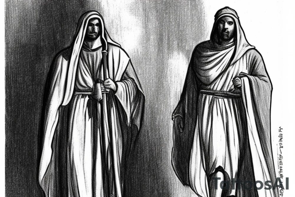 The man is dressed in simple clothes that are typical of the first century. He is wearing a long tunic, a hooded thick cloak, and sandals. His wears a tunica with a white fabric around this head. He is holding a thick staff in his left hand and is walking to the left. The background is blank.

The drawing is done in black lines on a blank background. The lines are simple and delicate, and they capture the man's thin, wiry frame. He seems to be lost in thought as he walks to the left.

The drawing has a sense of timelessness. The man's clothes and hairstyle are typical of the first century, but the drawing could have been made any time in the past 2,000 years. The blank background also contributes to the sense of timelessness. The man is walking facing the left. tattoo idea