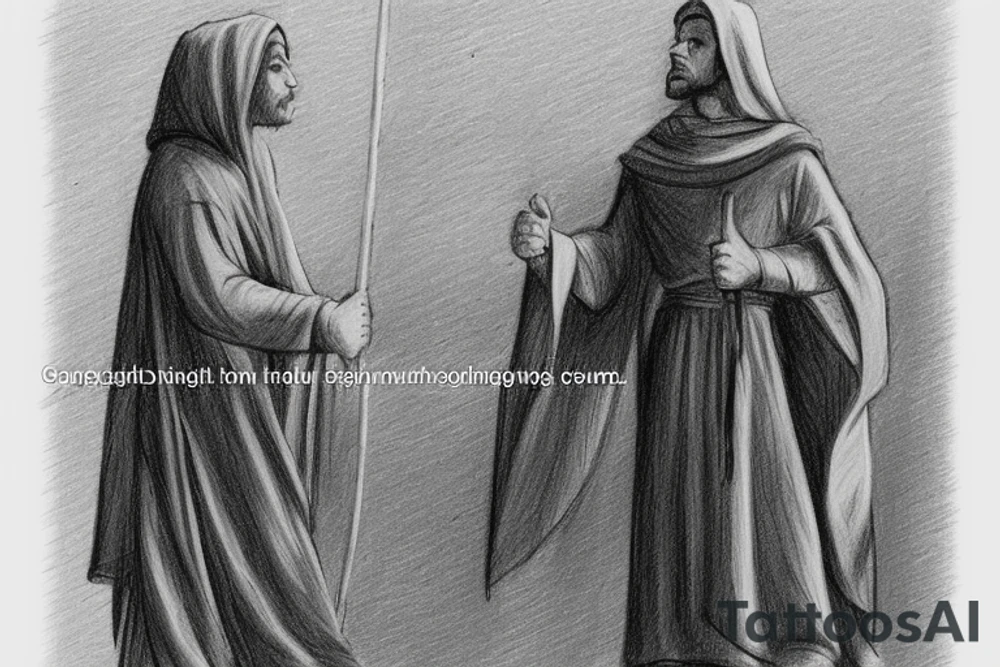The man is dressed in simple clothes that are typical of the first century. He is wearing a long tunic, a hooded thick cloak, and sandals. His wears a tunica with a white fabric around this head. He is holding a thick staff in his left hand and is walking to the left. The background is blank.

The drawing is done in black lines on a blank background. The lines are simple and delicate, and they capture the man's thin, wiry frame. He seems to be lost in thought as he walks to the left.

The drawing has a sense of timelessness. The man's clothes and hairstyle are typical of the first century, but the drawing could have been made any time in the past 2,000 years. The blank background also contributes to the sense of timelessness. The man is walking facing the left. tattoo idea