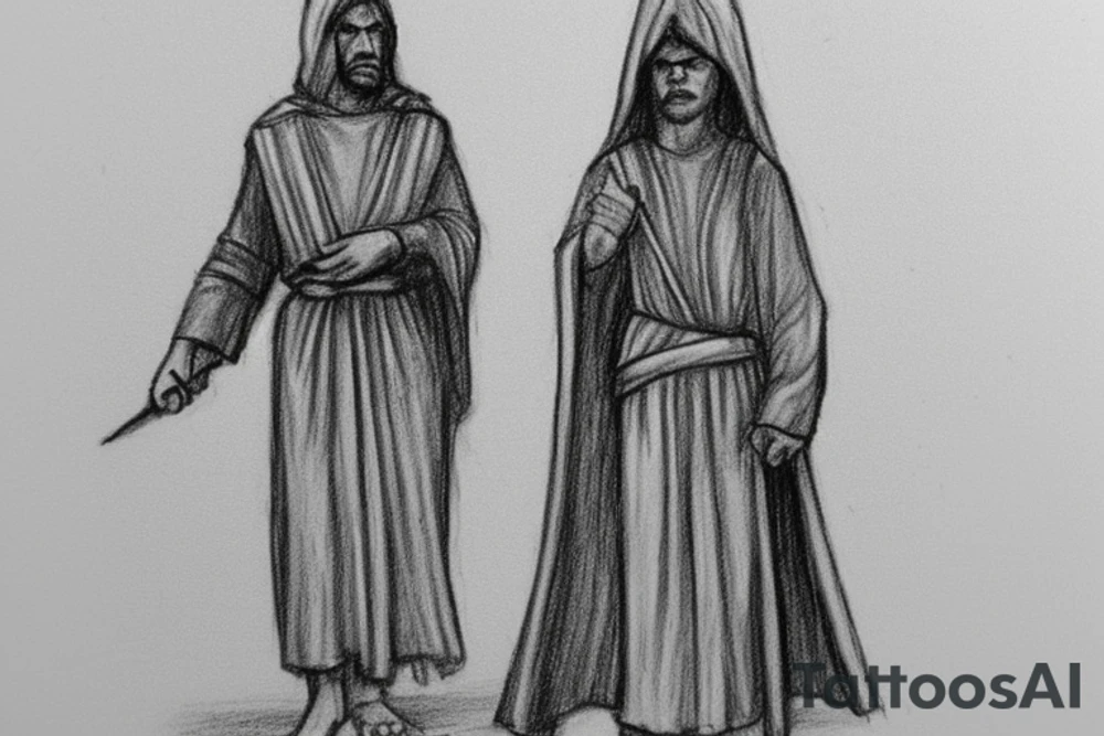 The man is dressed in simple clothes that are typical of the first century. He is wearing a long tunic, a hooded thick cloak, and sandals. His wears a tunica with a white fabric around this head. He is holding a thick staff in his left hand and is walking to the left. The background is blank.

The drawing is done in black lines on a blank background. The lines are simple and delicate, and they capture the man's thin, wiry frame. He seems to be lost in thought as he walks to the left.

The drawing has a sense of timelessness. The man's clothes and hairstyle are typical of the first century, but the drawing could have been made any time in the past 2,000 years. The blank background also contributes to the sense of timelessness. The man is walking facing the left. tattoo idea