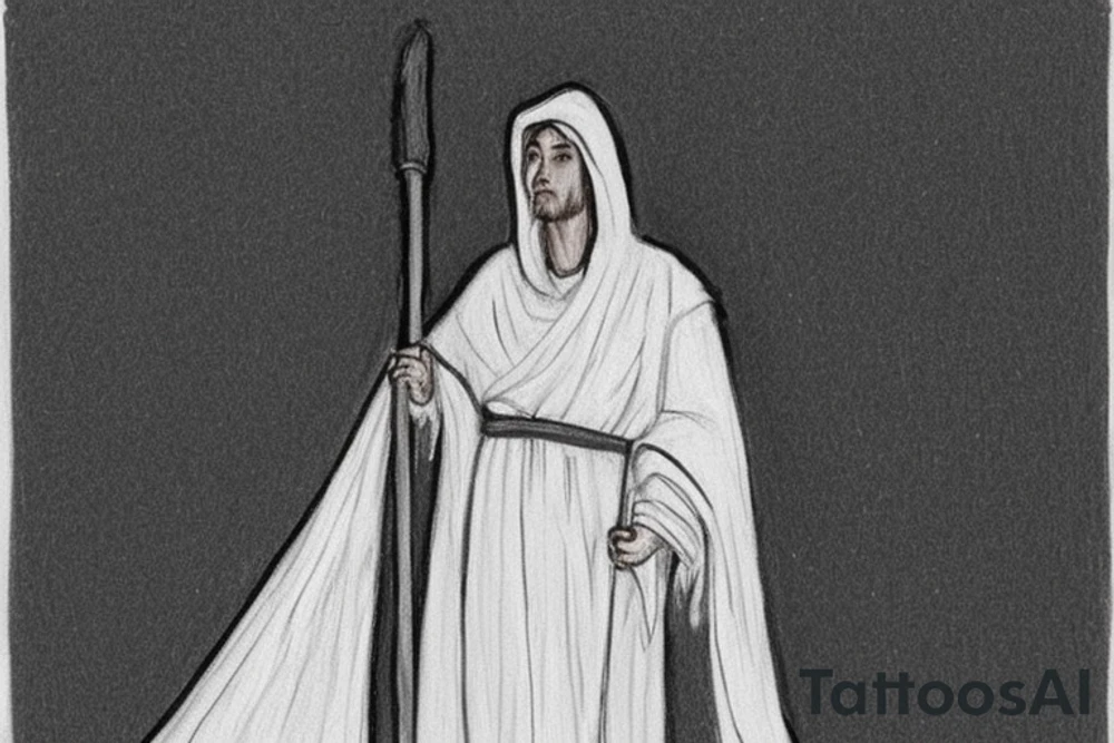The man is dressed in simple clothes that are typical of the first century. He is wearing a long tunic, a hooded thick cloak, and sandals. His wears a tunica with a white fabric around this head. He is holding a thick staff in his left hand and is walking to the left. The background is blank.

The drawing is done in black lines on a blank background. The lines are simple and delicate, and they capture the man's thin, wiry frame. He seems to be lost in thought as he walks to the left.

The drawing has a sense of timelessness. The man's clothes and hairstyle are typical of the first century, but the drawing could have been made any time in the past 2,000 years. The blank background also contributes to the sense of timelessness. The man is walking facing the left. tattoo idea