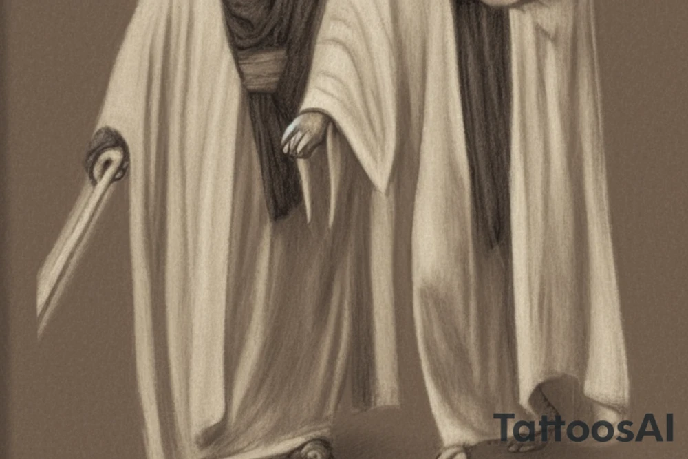 The man is dressed in simple clothes that are typical of the first century. He is wearing a long tunic, a hooded thick cloak, and sandals. His wears a tunica with a white fabric around this head. He is holding a thick staff in his left hand and is walking to the left. The background is blank.

The drawing is done in black lines on a blank background. The lines are simple and delicate, and they capture the man's thin, wiry frame. He seems to be lost in thought as he walks to the left.

The drawing has a sense of timelessness. The man's clothes and hairstyle are typical of the first century, but the drawing could have been made any time in the past 2,000 years. The blank background also contributes to the sense of timelessness. The man is walking facing the left. tattoo idea