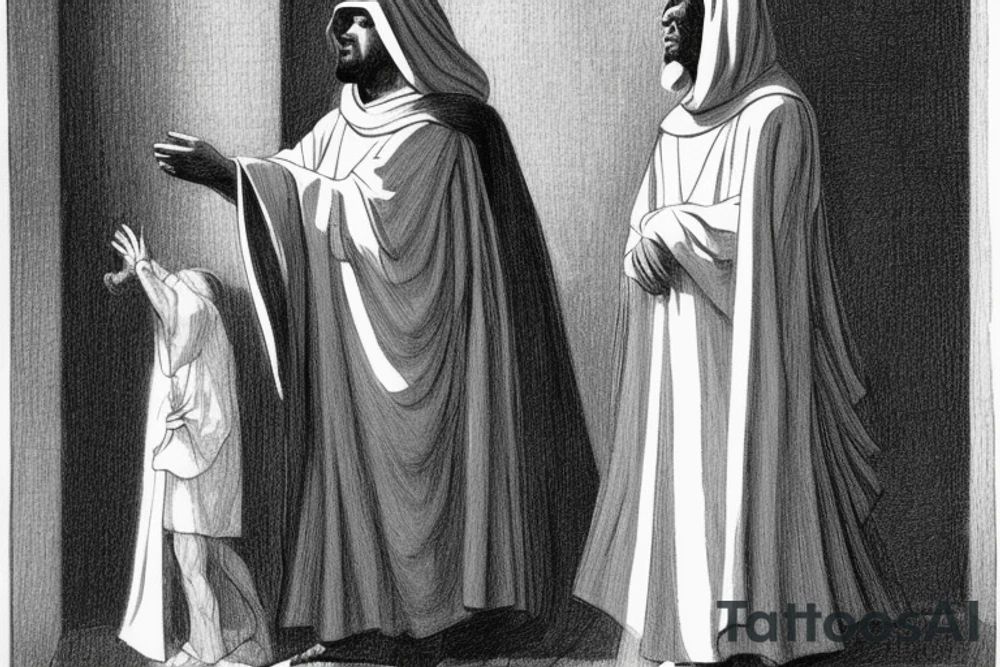 The man is dressed in simple clothes that are typical of the first century. He is wearing a long tunic, a hooded thick cloak, and sandals. His wears a tunica with a white fabric around this head. He is holding a thick staff in his left hand and is walking to the left. The background is blank.

The drawing is done in black lines on a blank background. The lines are simple and delicate, and they capture the man's thin, wiry frame. He seems to be lost in thought as he walks to the left.

The drawing has a sense of timelessness. The man's clothes and hairstyle are typical of the first century, but the drawing could have been made any time in the past 2,000 years. The blank background also contributes to the sense of timelessness. The man is walking facing the left. tattoo idea
