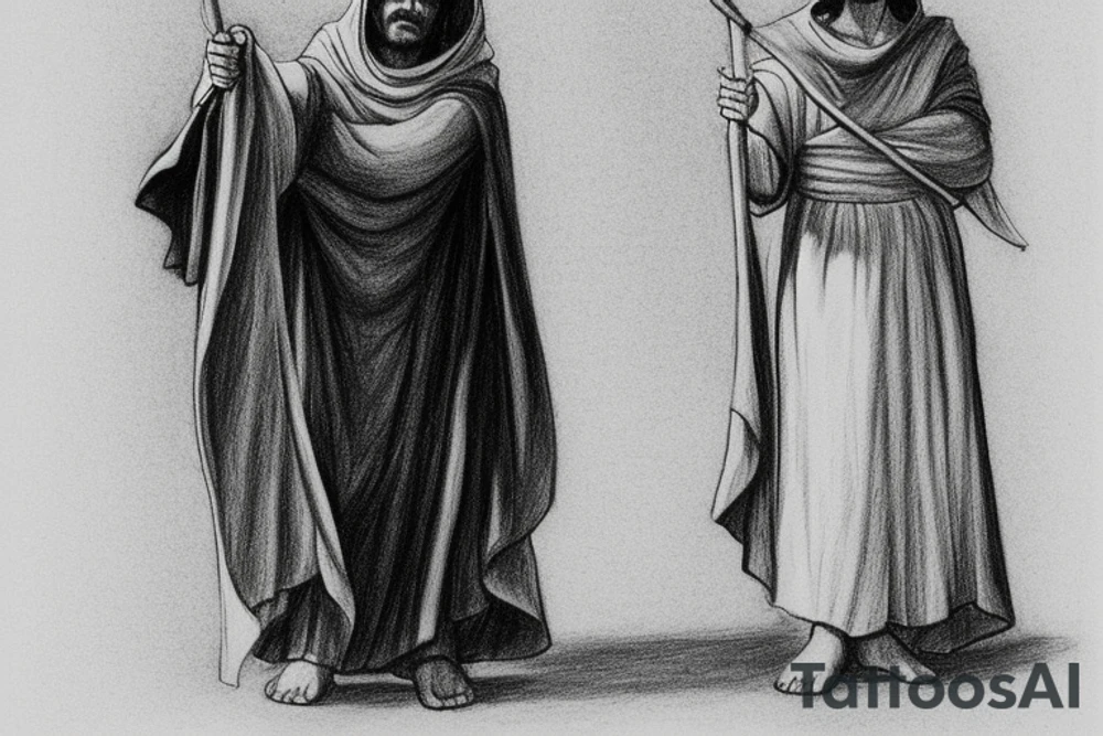 The man is dressed in simple clothes that are typical of the first century. He is wearing a long tunic, a hooded thick cloak, and sandals. His wears a tunica with a white fabric around this head. He is holding a thick staff in his left hand and is walking to the left. The background is blank.

The drawing is done in black lines on a blank background. The lines are simple and delicate, and they capture the man's thin, wiry frame. He seems to be lost in thought as he walks to the left.

The drawing has a sense of timelessness. The man's clothes and hairstyle are typical of the first century, but the drawing could have been made any time in the past 2,000 years. The blank background also contributes to the sense of timelessness. The man is walking facing the left. tattoo idea