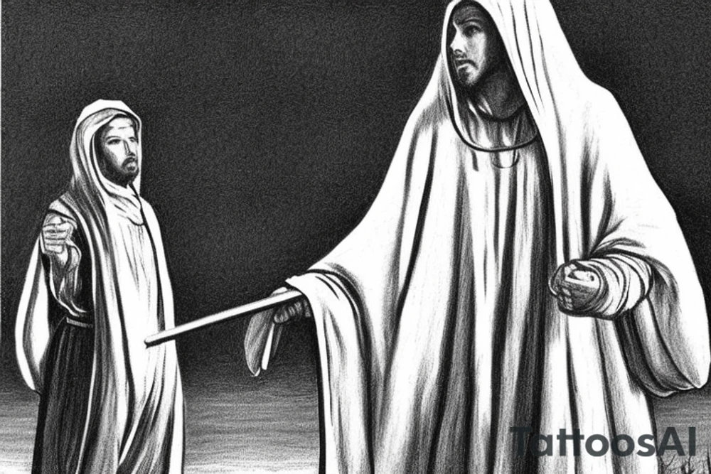 The man is dressed in simple clothes that are typical of the first century. He is wearing a long tunic, a hooded thick cloak, and sandals. His wears a tunica with a white fabric around this head. He is holding a thick staff in his left hand and is walking to the left. The background is blank.

The drawing is done in black lines on a blank background. The lines are simple and delicate, and they capture the man's thin, wiry frame. He seems to be lost in thought as he walks to the left.

The drawing has a sense of timelessness. The man's clothes and hairstyle are typical of the first century, but the drawing could have been made any time in the past 2,000 years. The blank background also contributes to the sense of timelessness. The man is walking facing the left. tattoo idea
