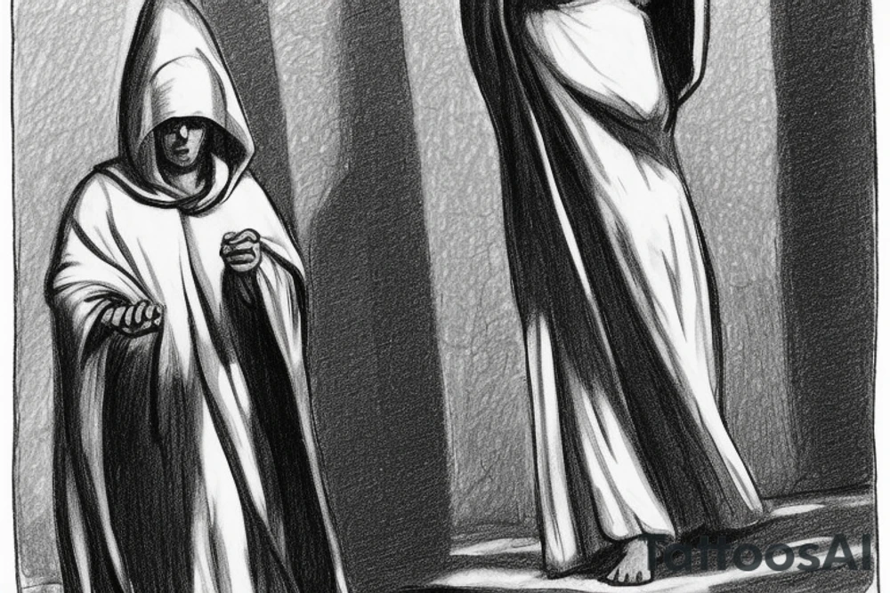 The man is dressed in simple clothes that are typical of the first century. He is wearing a long tunic, a hooded thick cloak, and sandals. His wears a tunica with a white fabric around this head. He is holding a thick staff in his left hand and is walking to the left. The background is blank.

The drawing is done in black lines on a blank background. The lines are simple and delicate, and they capture the man's thin, wiry frame. He seems to be lost in thought as he walks to the left.

The drawing has a sense of timelessness. The man's clothes and hairstyle are typical of the first century, but the drawing could have been made any time in the past 2,000 years. The blank background also contributes to the sense of timelessness. The man is walking facing the left. tattoo idea
