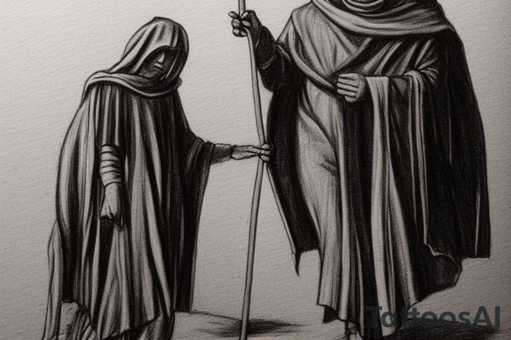 The man is dressed in simple clothes that are typical of the first century. He is wearing a long tunic, a hooded thick cloak, and sandals. His wears a tunica with a white fabric around this head. He is holding a thick staff in his left hand and is walking to the left. The background is blank.

The drawing is done in black lines on a blank background. The lines are simple and delicate, and they capture the man's thin, wiry frame. He seems to be lost in thought as he walks to the left.

The drawing has a sense of timelessness. The man's clothes and hairstyle are typical of the first century, but the drawing could have been made any time in the past 2,000 years. The blank background also contributes to the sense of timelessness. The man is walking facing the left. tattoo idea