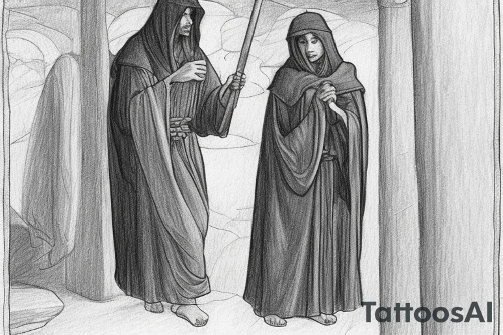 The man is dressed in simple clothes that are typical of the first century. He is wearing a long tunic, a hooded thick cloak, and sandals. His wears a tunica with a white fabric around this head. He is holding a thick staff in his left hand and is walking to the left. The background is blank.

The drawing is done in black lines on a blank background. The lines are simple and delicate, and they capture the man's thin, wiry frame. He seems to be lost in thought as he walks to the left.

The drawing has a sense of timelessness. The man's clothes and hairstyle are typical of the first century, but the drawing could have been made any time in the past 2,000 years. The blank background also contributes to the sense of timelessness. The man is walking facing the left. tattoo idea