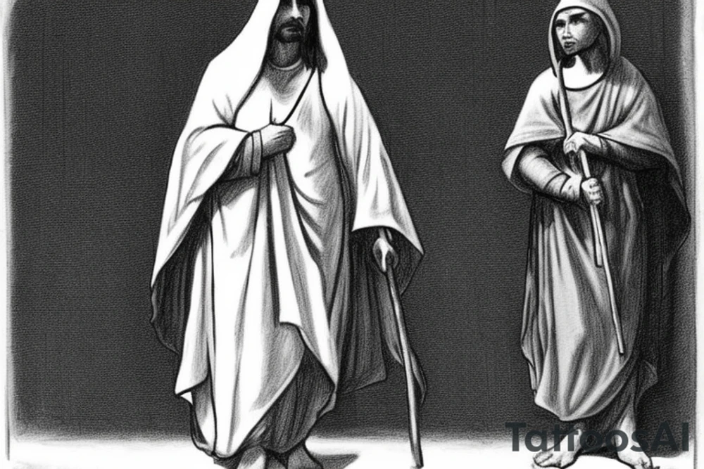 The man is dressed in simple clothes that are typical of the first century. He is wearing a long tunic, a hooded thick cloak, and sandals. His wears a tunica with a white fabric around this head. He is holding a thick staff in his left hand and is walking to the left. The background is blank.

The drawing is done in black lines on a blank background. The lines are simple and delicate, and they capture the man's thin, wiry frame. He seems to be lost in thought as he walks to the left.

The drawing has a sense of timelessness. The man's clothes and hairstyle are typical of the first century, but the drawing could have been made any time in the past 2,000 years. The blank background also contributes to the sense of timelessness. The man is walking facing the left. tattoo idea