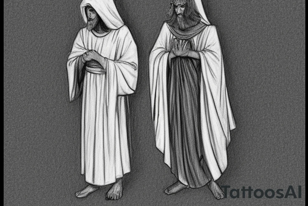 The man is dressed in simple clothes that are typical of the first century. He is wearing a long tunic, a hooded thick cloak, and sandals. His wears a tunica with a white fabric around this head. He is holding a thick staff in his left hand and is walking to the left. The background is blank.

The drawing is done in black lines on a blank background. The lines are simple and delicate, and they capture the man's thin, wiry frame. He seems to be lost in thought as he walks to the left.

The drawing has a sense of timelessness. The man's clothes and hairstyle are typical of the first century, but the drawing could have been made any time in the past 2,000 years. The blank background also contributes to the sense of timelessness. The man is walking facing the left. tattoo idea