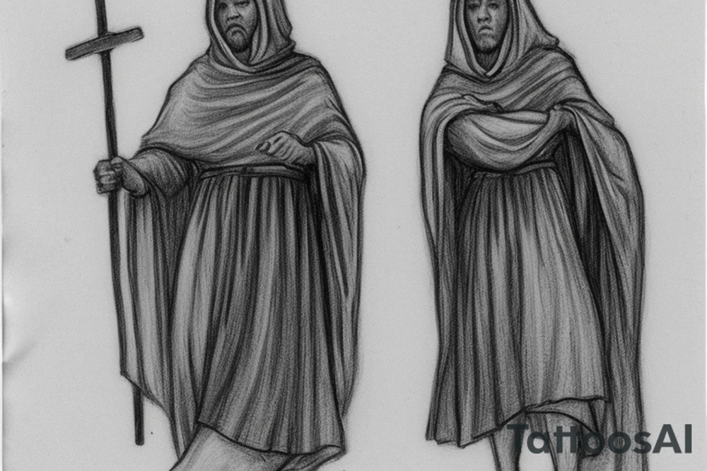 The man is dressed in simple clothes that are typical of the first century. He is wearing a long tunic, a hooded thick cloak, and sandals. His wears a tunica with a white fabric around this head. He is holding a thick staff in his left hand and is walking to the left. The background is blank.

The drawing is done in black lines on a blank background. The lines are simple and delicate, and they capture the man's thin, wiry frame. He seems to be lost in thought as he walks to the left.

The drawing has a sense of timelessness. The man's clothes and hairstyle are typical of the first century, but the drawing could have been made any time in the past 2,000 years. The blank background also contributes to the sense of timelessness. The man is walking facing the left. tattoo idea