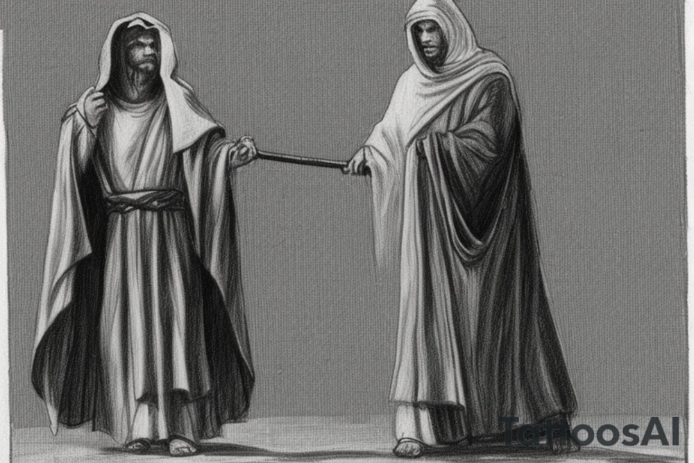 The man is dressed in simple clothes that are typical of the first century. He is wearing a long tunic, a hooded thick cloak, and sandals. His wears a tunica with a white fabric around this head. He is holding a thick staff in his left hand and is walking to the left. The background is blank.

The drawing is done in black lines on a blank background. The lines are simple and delicate, and they capture the man's thin, wiry frame. He seems to be lost in thought as he walks to the left.

The drawing has a sense of timelessness. The man's clothes and hairstyle are typical of the first century, but the drawing could have been made any time in the past 2,000 years. The blank background also contributes to the sense of timelessness. The man is walking facing the left. tattoo idea