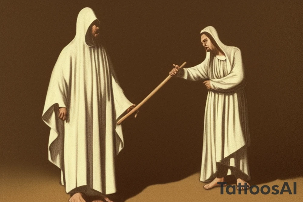 The man is dressed in simple clothes that are typical of the first century. He is wearing a long tunic, a hooded thick cloak, and sandals. His wears a tunica with a white fabric around this head. He is holding a thick staff in his left hand and is walking to the left. The background is blank.

The drawing is done in black lines on a blank background. The lines are simple and delicate, and they capture the man's thin, wiry frame. He seems to be lost in thought as he walks to the left.

The drawing has a sense of timelessness. The man's clothes and hairstyle are typical of the first century, but the drawing could have been made any time in the past 2,000 years. The blank background also contributes to the sense of timelessness. The man is walking facing the left. tattoo idea