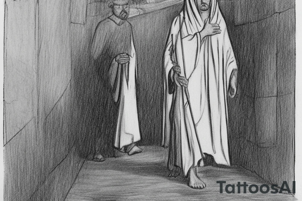 The man is dressed in simple clothes that are typical of the first century. He is wearing a long tunic, a hooded thick cloak, and sandals. His wears a tunica with a white fabric around this head. He is holding a thick staff in his left hand and is walking to the left. The background is blank.

The drawing is done in black lines on a blank background. The lines are simple and delicate, and they capture the man's thin, wiry frame. He seems to be lost in thought as he walks to the left.

The drawing has a sense of timelessness. The man's clothes and hairstyle are typical of the first century, but the drawing could have been made any time in the past 2,000 years. The blank background also contributes to the sense of timelessness. The man is walking facing the left. tattoo idea