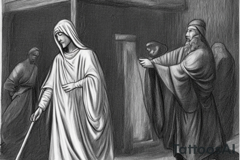 The man is dressed in simple clothes that are typical of the first century. He is wearing a long tunic, a hooded thick cloak, and sandals. His wears a tunica with a white fabric around this head. He is holding a thick staff in his left hand and is walking to the left. The background is blank.

The drawing is done in black lines on a blank background. The lines are simple and delicate, and they capture the man's thin, wiry frame. He seems to be lost in thought as he walks to the left.

The drawing has a sense of timelessness. The man's clothes and hairstyle are typical of the first century, but the drawing could have been made any time in the past 2,000 years. The blank background also contributes to the sense of timelessness. The man is walking facing the left. tattoo idea