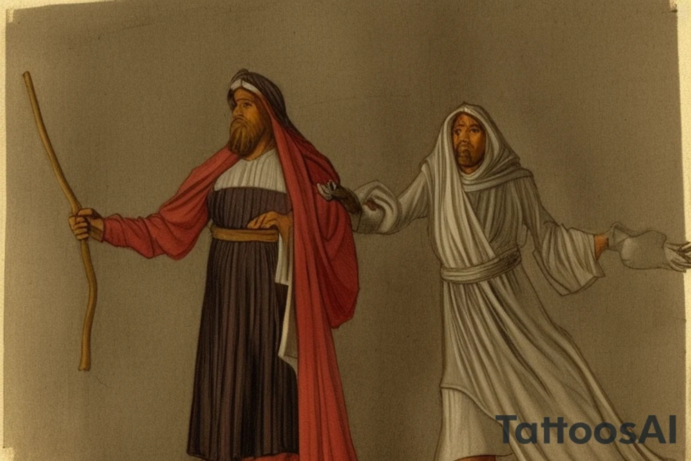 The man is dressed in simple clothes that are typical of the first century. He is wearing a long tunic, a hooded thick cloak, and sandals. His wears a tunica with a white fabric around this head. He is holding a thick staff in his left hand and is walking to the left. The background is blank.

The drawing is done in black lines on a blank background. The lines are simple and delicate, and they capture the man's thin, wiry frame. He seems to be lost in thought as he walks to the left.

The drawing has a sense of timelessness. The man's clothes and hairstyle are typical of the first century, but the drawing could have been made any time in the past 2,000 years. The blank background also contributes to the sense of timelessness. The man is walking facing the left. tattoo idea