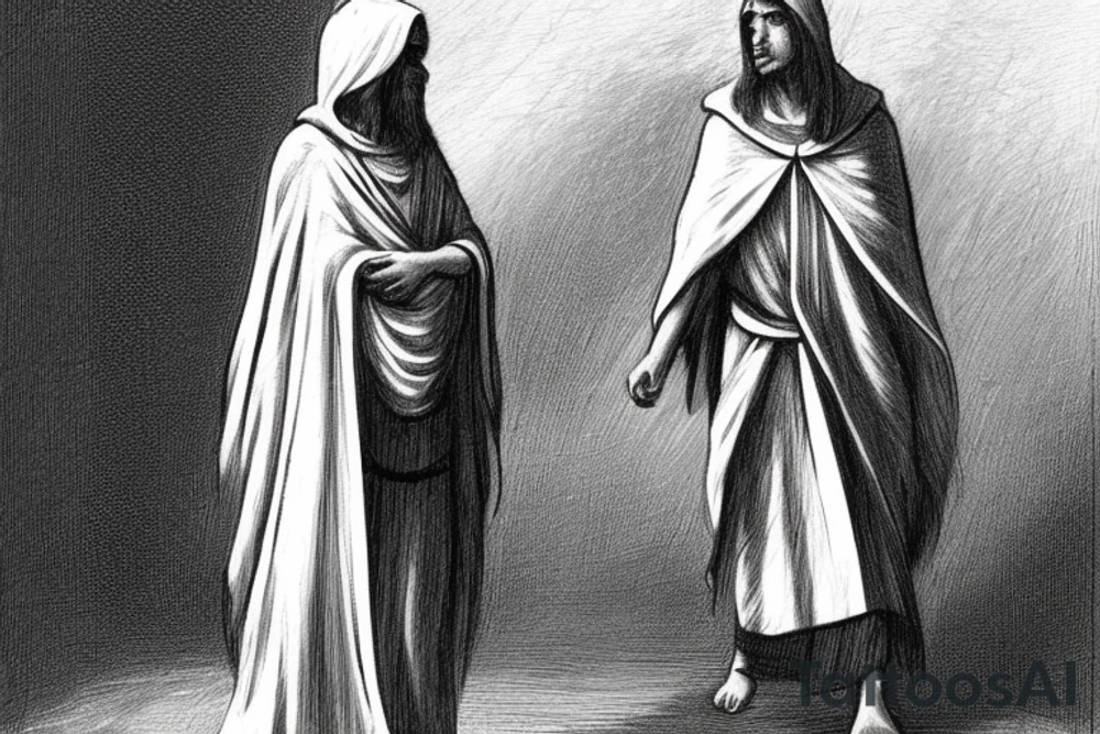 The man is dressed in simple clothes that are typical of the first century. He is wearing a long tunic, a hooded thick cloak, and sandals. His wears a tunica with a white fabric around this head. He is holding a thick staff in his left hand and is walking to the left. The background is blank.

The drawing is done in black lines on a blank background. The lines are simple and delicate, and they capture the man's thin, wiry frame. He seems to be lost in thought as he walks to the left.

The drawing has a sense of timelessness. The man's clothes and hairstyle are typical of the first century, but the drawing could have been made any time in the past 2,000 years. The blank background also contributes to the sense of timelessness. The man is walking facing the left. tattoo idea