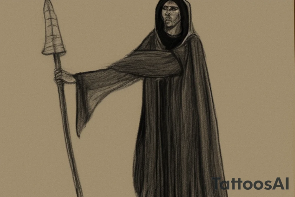 The man is dressed in simple clothes that are typical of the first century. He is wearing a long tunic, a hooded thick cloak, and sandals. His wears a tunica with a white fabric around this head. He is holding a thick staff in his left hand and is walking to the left. The background is blank.

The drawing is done in black lines on a blank background. The lines are simple and delicate, and they capture the man's thin, wiry frame. He seems to be lost in thought as he walks to the left.

The drawing has a sense of timelessness. The man's clothes and hairstyle are typical of the first century, but the drawing could have been made any time in the past 2,000 years. The blank background also contributes to the sense of timelessness. The man is walking facing the left. tattoo idea