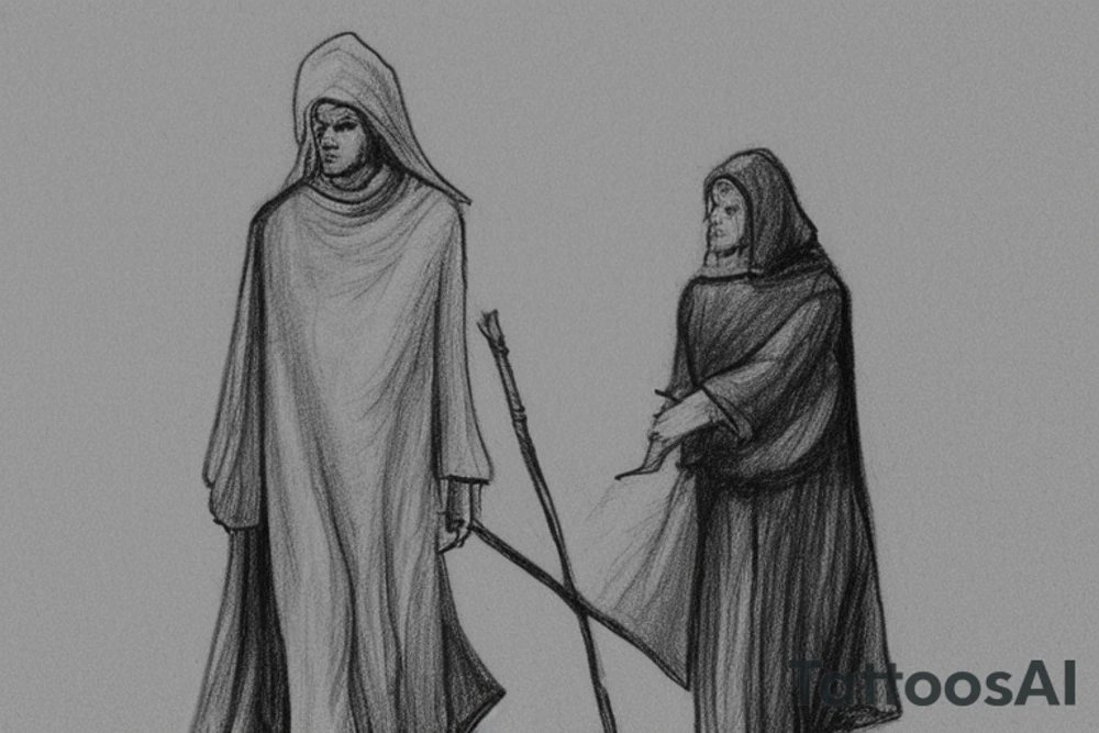 The man is dressed in simple clothes that are typical of the first century. He is wearing a long tunic, a hooded thick cloak, and sandals. His wears a tunica with a white fabric around this head. He is holding a thick staff in his left hand and is walking to the left. The background is blank.

The drawing is done in black lines on a blank background. The lines are simple and delicate, and they capture the man's thin, wiry frame. He seems to be lost in thought as he walks to the left.

The drawing has a sense of timelessness. The man's clothes and hairstyle are typical of the first century, but the drawing could have been made any time in the past 2,000 years. The blank background also contributes to the sense of timelessness. The man is walking facing the left. tattoo idea