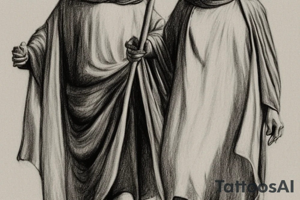 The man is dressed in simple clothes that are typical of the first century. He is wearing a long tunic, a hooded thick cloak, and sandals. His wears a tunica with a white fabric around this head. He is holding a thick staff in his left hand and is walking to the left. The background is blank.

The drawing is done in black lines on a blank background. The lines are simple and delicate, and they capture the man's thin, wiry frame. He seems to be lost in thought as he walks to the left.

The drawing has a sense of timelessness. The man's clothes and hairstyle are typical of the first century, but the drawing could have been made any time in the past 2,000 years. The blank background also contributes to the sense of timelessness. The man is walking facing the left. tattoo idea