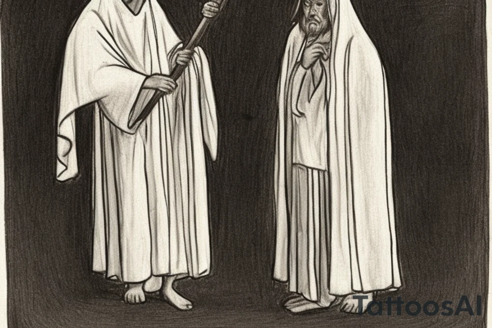 The man is dressed in simple clothes that are typical of the first century. He is wearing a long tunic, a hooded thick cloak, and sandals. His wears a tunica with a white fabric around this head. He is holding a thick staff in his left hand and is walking to the left. The background is blank.

The drawing is done in black lines on a blank background. The lines are simple and delicate, and they capture the man's thin, wiry frame. He seems to be lost in thought as he walks to the left.

The drawing has a sense of timelessness. The man's clothes and hairstyle are typical of the first century, but the drawing could have been made any time in the past 2,000 years. The blank background also contributes to the sense of timelessness. The man is walking facing the left. tattoo idea