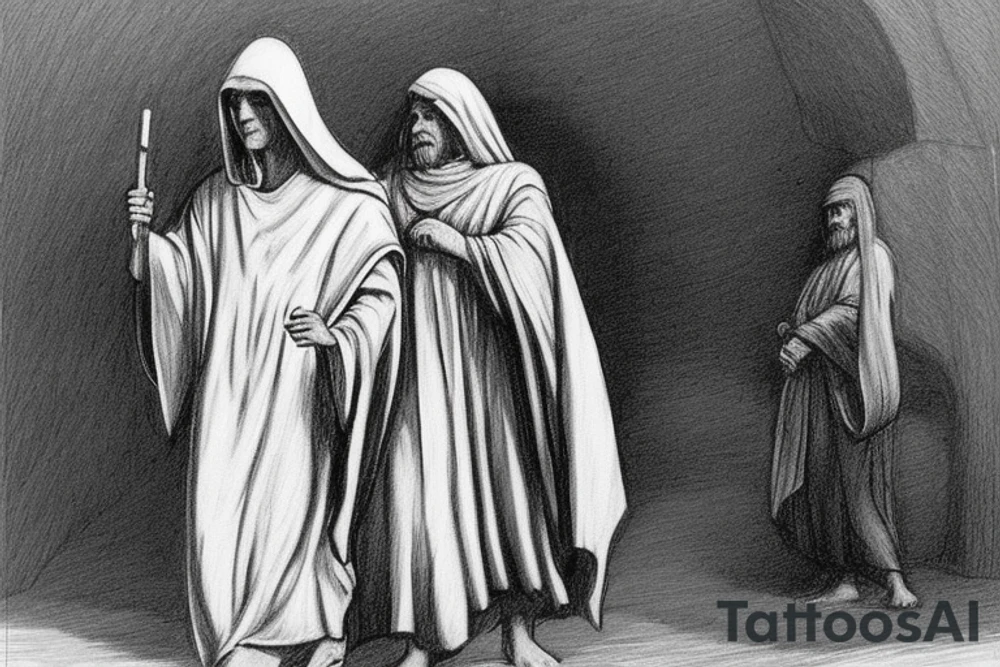 The man is dressed in simple clothes that are typical of the first century. He is wearing a long tunic, a hooded thick cloak, and sandals. His wears a tunica with a white fabric around this head. He is holding a thick staff in his left hand and is walking to the left. The background is blank.

The drawing is done in black lines on a blank background. The lines are simple and delicate, and they capture the man's thin, wiry frame. He seems to be lost in thought as he walks to the left.

The drawing has a sense of timelessness. The man's clothes and hairstyle are typical of the first century, but the drawing could have been made any time in the past 2,000 years. The blank background also contributes to the sense of timelessness. The man is walking facing the left. tattoo idea