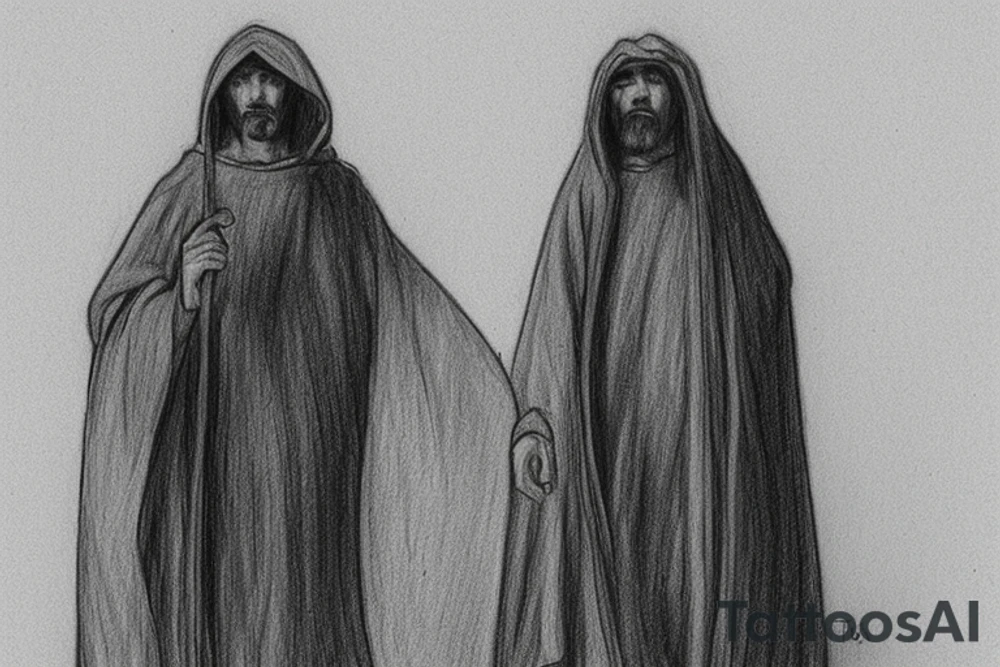 The man is dressed in simple clothes that are typical of the first century. He is wearing a long tunic, a hooded thick cloak, and sandals. His wears a tunica with a white fabric around this head. He is holding a thick staff in his left hand and is walking to the left. The background is blank.

The drawing is done in black lines on a blank background. The lines are simple and delicate, and they capture the man's thin, wiry frame. He seems to be lost in thought as he walks to the left.

The drawing has a sense of timelessness. The man's clothes and hairstyle are typical of the first century, but the drawing could have been made any time in the past 2,000 years. The blank background also contributes to the sense of timelessness. The man is walking facing the left. tattoo idea