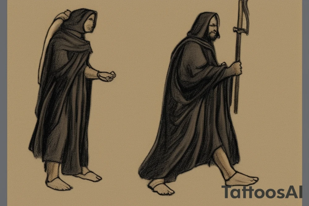 The man is dressed in simple clothes that are typical of the first century. He is wearing a long tunic, a hooded thick cloak, and sandals. His wears a tunica with a white fabric around this head. He is holding a thick staff in his left hand and is walking to the left. The background is blank.

The drawing is done in black lines on a blank background. The lines are simple and delicate, and they capture the man's thin, wiry frame. He seems to be lost in thought as he walks to the left.

The drawing has a sense of timelessness. The man's clothes and hairstyle are typical of the first century, but the drawing could have been made any time in the past 2,000 years. The blank background also contributes to the sense of timelessness. The man is walking facing the left. tattoo idea
