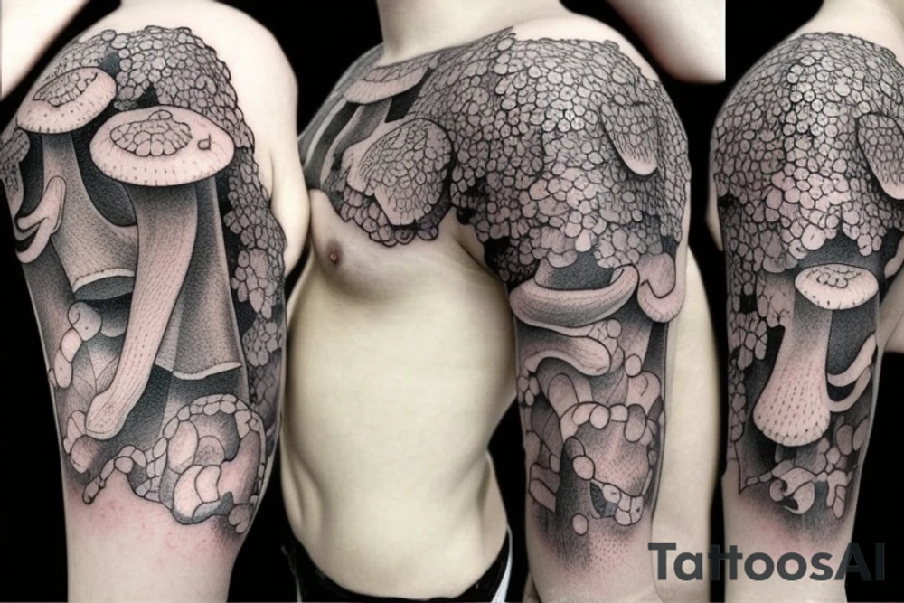 rainy sky with Morel mushrooms full sleeve tattoo idea
