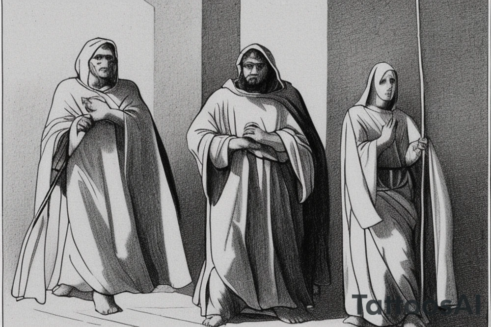 The man is dressed in simple clothes that are typical of the first century. He is wearing a long tunic, a hooded thick cloak, and sandals. His wears a tunica with a white fabric around this head. He is holding a thick staff in his left hand and is walking to the left. The background is blank.

The drawing is done in black lines on a blank background. The lines are simple and delicate, and they capture the man's thin, wiry frame. He seems to be lost in thought as he walks to the left.

The drawing has a sense of timelessness. The man's clothes and hairstyle are typical of the first century, but the drawing could have been made any time in the past 2,000 years. The blank background also contributes to the sense of timelessness. The man is walking facing the left. tattoo idea