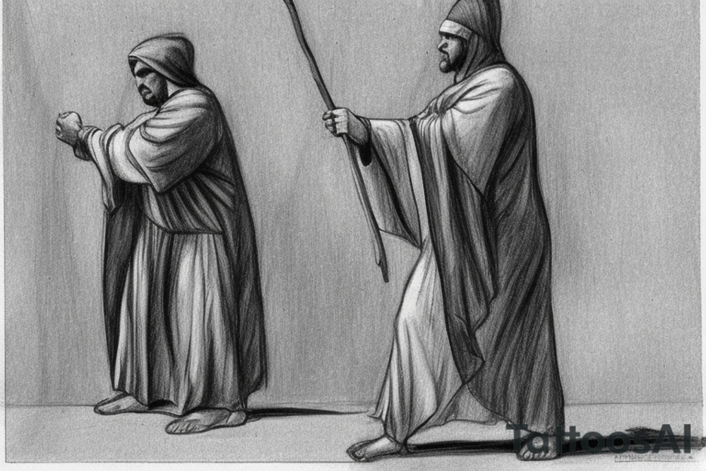 The man is dressed in simple clothes that are typical of the first century. He is wearing a long tunic, a hooded thick cloak, and sandals. His wears a tunica with a white fabric around this head. He is holding a thick staff in his left hand and is walking to the left. The background is blank.

The drawing is done in black lines on a blank background. The lines are simple and delicate, and they capture the man's thin, wiry frame. He seems to be lost in thought as he walks to the left.

The drawing has a sense of timelessness. The man's clothes and hairstyle are typical of the first century, but the drawing could have been made any time in the past 2,000 years. The blank background also contributes to the sense of timelessness. The man is walking facing the left. tattoo idea