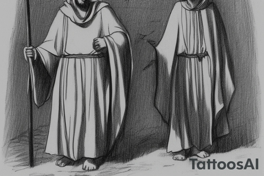 The man is dressed in simple clothes that are typical of the first century. He is wearing a long tunic, a hooded thick cloak, and sandals. His wears a tunica with a white fabric around this head. He is holding a thick staff in his left hand and is walking to the left. The background is blank.

The drawing is done in black lines on a blank background. The lines are simple and delicate, and they capture the man's thin, wiry frame. He seems to be lost in thought as he walks to the left.

The drawing has a sense of timelessness. The man's clothes and hairstyle are typical of the first century, but the drawing could have been made any time in the past 2,000 years. The blank background also contributes to the sense of timelessness. The man is walking facing the left. tattoo idea