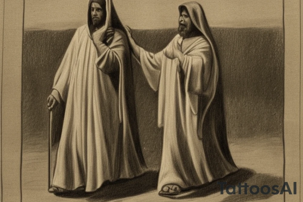 The man is dressed in simple clothes that are typical of the first century. He is wearing a long tunic, a hooded thick cloak, and sandals. His wears a tunica with a white fabric around this head. He is holding a thick staff in his left hand and is walking to the left. The background is blank.

The drawing is done in black lines on a blank background. The lines are simple and delicate, and they capture the man's thin, wiry frame. He seems to be lost in thought as he walks to the left.

The drawing has a sense of timelessness. The man's clothes and hairstyle are typical of the first century, but the drawing could have been made any time in the past 2,000 years. The blank background also contributes to the sense of timelessness. The man is walking facing the left. tattoo idea