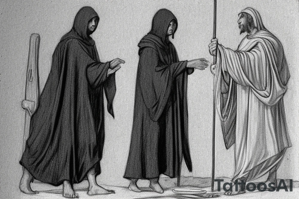 The man is dressed in simple clothes that are typical of the first century. He is wearing a long tunic, a hooded thick cloak, and sandals. His wears a tunica with a white fabric around this head. He is holding a thick staff in his left hand and is walking to the left. The background is blank.

The drawing is done in black lines on a blank background. The lines are simple and delicate, and they capture the man's thin, wiry frame. He seems to be lost in thought as he walks to the left.

The drawing has a sense of timelessness. The man's clothes and hairstyle are typical of the first century, but the drawing could have been made any time in the past 2,000 years. The blank background also contributes to the sense of timelessness. The man is walking facing the left. tattoo idea
