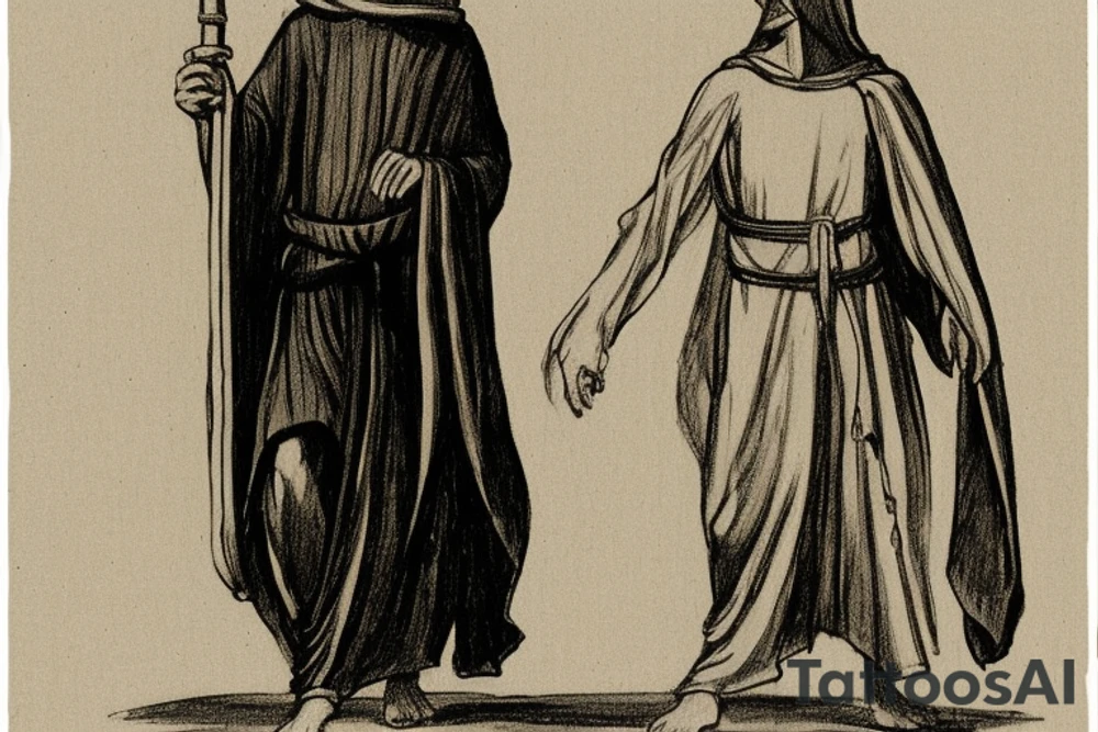The man is dressed in simple clothes that are typical of the first century. He is wearing a long tunic, a hooded thick cloak, and sandals. His wears a tunica with a white fabric around this head. He is holding a thick staff in his left hand and is walking to the left. The background is blank.

The drawing is done in black lines on a blank background. The lines are simple and delicate, and they capture the man's thin, wiry frame. He seems to be lost in thought as he walks to the left.

The drawing has a sense of timelessness. The man's clothes and hairstyle are typical of the first century, but the drawing could have been made any time in the past 2,000 years. The blank background also contributes to the sense of timelessness. The man is walking facing the left. tattoo idea