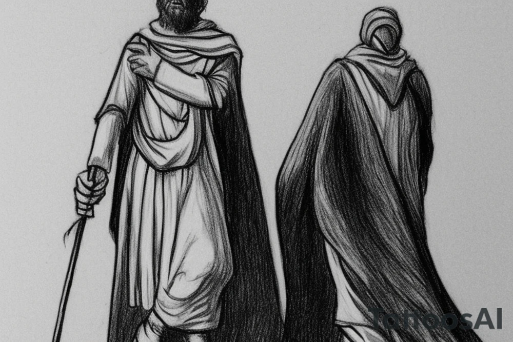 The man is dressed in simple clothes that are typical of the first century. He is wearing a long tunic, a hooded thick cloak, and sandals. His wears a tunica with a white fabric around this head. He is holding a thick staff in his left hand and is walking to the left. The background is blank.

The drawing is done in black lines on a blank background. The lines are simple and delicate, and they capture the man's thin, wiry frame. He seems to be lost in thought as he walks to the left.

The drawing has a sense of timelessness. The man's clothes and hairstyle are typical of the first century, but the drawing could have been made any time in the past 2,000 years. The blank background also contributes to the sense of timelessness. The man is walking facing the left. tattoo idea