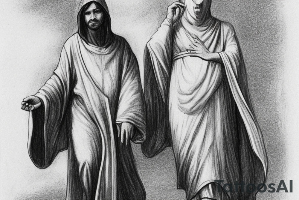 The man is dressed in simple clothes that are typical of the first century. He is wearing a long tunic, a hooded thick cloak, and sandals. His wears a tunica with a white fabric around this head. He is holding a thick staff in his left hand and is walking to the left. The background is blank.

The drawing is done in black lines on a blank background. The lines are simple and delicate, and they capture the man's thin, wiry frame. He seems to be lost in thought as he walks to the left.

The drawing has a sense of timelessness. The man's clothes and hairstyle are typical of the first century, but the drawing could have been made any time in the past 2,000 years. The blank background also contributes to the sense of timelessness. The man is walking facing the left. tattoo idea