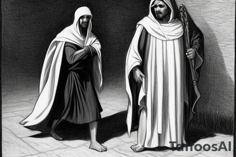 The man is dressed in simple clothes that are typical of the first century. He is wearing a long tunic, a hooded thick cloak, and sandals. His wears a tunica with a white fabric around this head. He is holding a thick staff in his left hand and is walking to the left. The background is blank.

The drawing is done in black lines on a blank background. The lines are simple and delicate, and they capture the man's thin, wiry frame. He seems to be lost in thought as he walks to the left.

The drawing has a sense of timelessness. The man's clothes and hairstyle are typical of the first century, but the drawing could have been made any time in the past 2,000 years. The blank background also contributes to the sense of timelessness. The man is walking facing the left. tattoo idea