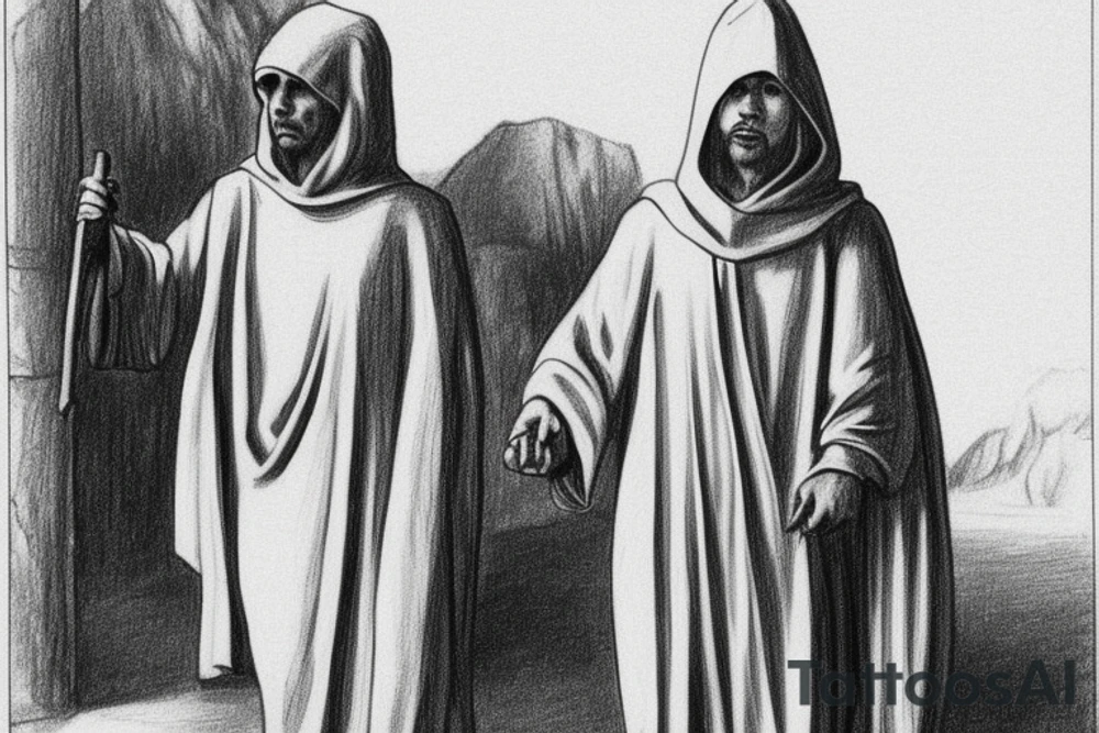 The man is dressed in simple clothes that are typical of the first century. He is wearing a long tunic, a hooded thick cloak, and sandals. His wears a tunica with a white fabric around this head. He is holding a thick staff in his left hand and is walking to the left. The background is blank.

The drawing is done in black lines on a blank background. The lines are simple and delicate, and they capture the man's thin, wiry frame. He seems to be lost in thought as he walks to the left.

The drawing has a sense of timelessness. The man's clothes and hairstyle are typical of the first century, but the drawing could have been made any time in the past 2,000 years. The blank background also contributes to the sense of timelessness. The man is walking facing the left. tattoo idea