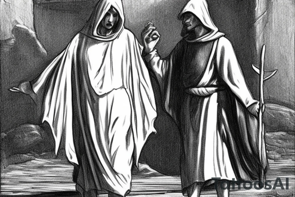 The man is dressed in simple clothes that are typical of the first century. He is wearing a long tunic, a hooded thick cloak, and sandals. His wears a tunica with a white fabric around this head. He is holding a thick staff in his left hand and is walking to the left. The background is blank.

The drawing is done in black lines on a blank background. The lines are simple and delicate, and they capture the man's thin, wiry frame. He seems to be lost in thought as he walks to the left.

The drawing has a sense of timelessness. The man's clothes and hairstyle are typical of the first century, but the drawing could have been made any time in the past 2,000 years. The blank background also contributes to the sense of timelessness. The man is walking facing the left. tattoo idea