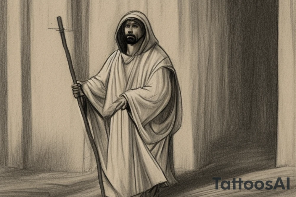 The man is dressed in simple clothes that are typical of the first century. He is wearing a long tunic, a hooded thick cloak, and sandals. His wears a tunica with a white fabric around this head. He is holding a thick staff in his left hand and is walking to the left. The background is blank.

The drawing is done in black lines on a blank background. The lines are simple and delicate, and they capture the man's thin, wiry frame. He seems to be lost in thought as he walks to the left.

The drawing has a sense of timelessness. The man's clothes and hairstyle are typical of the first century, but the drawing could have been made any time in the past 2,000 years. The blank background also contributes to the sense of timelessness. The man is walking facing the left. tattoo idea